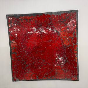 VTG Yankee Candle Red Mosaic Glass Tray Square Jar Plate Decor Accent Dish 8 x 8